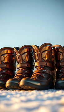 Abstract arrangement of polished sled dog musher boots, their reflections creating sharp, repeating geometric forms ,  unique,  sled dog gear