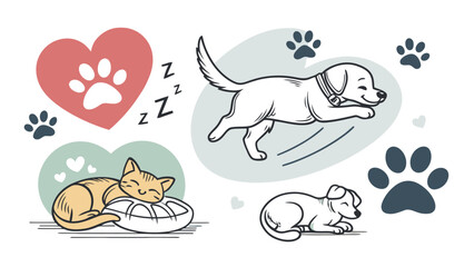 Fototapeta premium Cute cartoon animals sleeping and playing with hearts and paw prints