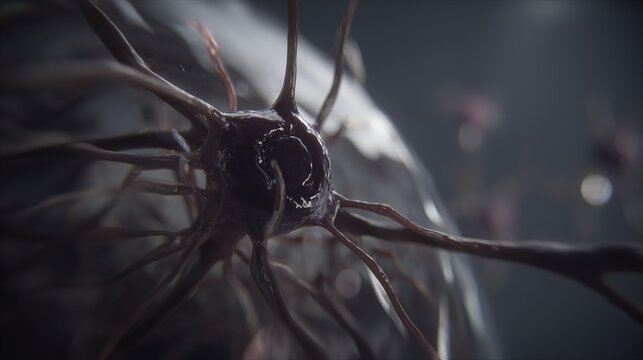 Close-up of a dark, spiky organic structure with tentacle-like appendages in a dimly lit environment