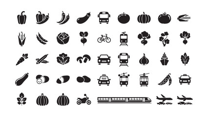 Fototapeta premium Collection of black and white icons for vegetables fruits and various transportation modes isolated