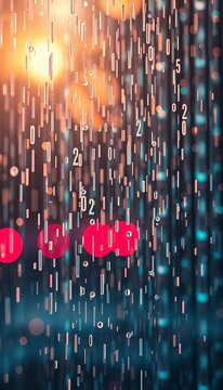 Digital rain cascades, a vibrant cascade of ones and zeros, softly blurred into abstract artistry,  modern,  high-key
