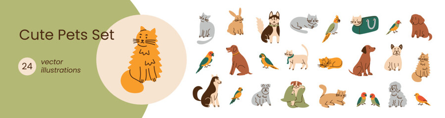 Cute pets set vector illustration bundle, flat cartoon cats, dogs, rabbits, parrots. Persian cat, husky, labrador, bunny, cockatiel, conure, lovebirds, tabby cat, poodle, schnauzer, domestic animals © Elena
