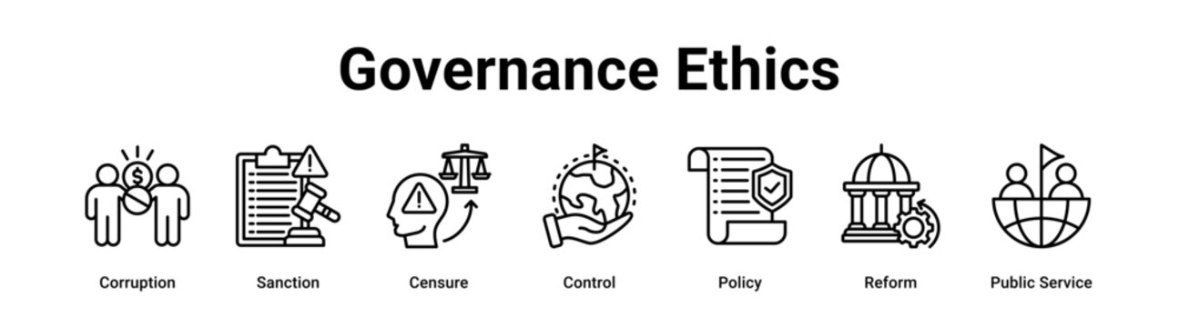 Governance Ethics web banner icon vector illustration concept for government with icon of Corruption, Sanction, Censure, Control, Policy, Reform.