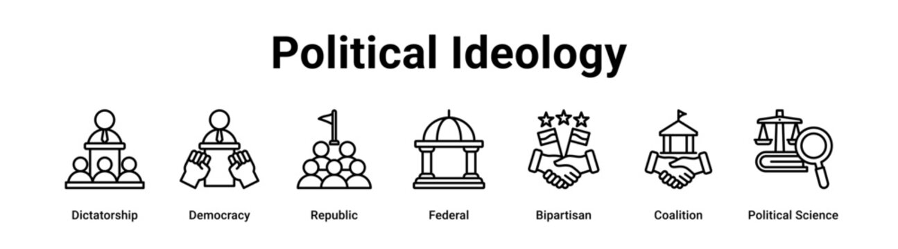 Political Ideology web banner icon vector illustration concept for government with icon of Dictatorship, Democracy, Republic, Federal, Bipartisan, Coalition.