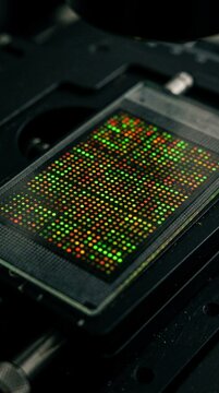 Close-up of glowing DNA microarray with green and orange dots