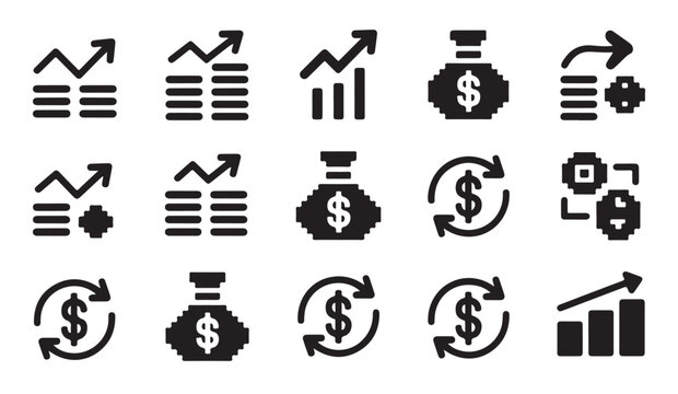 Pixel art set of finance icons depicting money stacks, growth charts, and currency exchange.