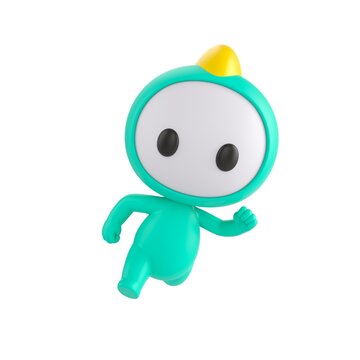 Cute 3D render LIttle Bot character running toward the camera with energetic motion, playful and lively mascot style, dynamic action pose, isolated on white background.