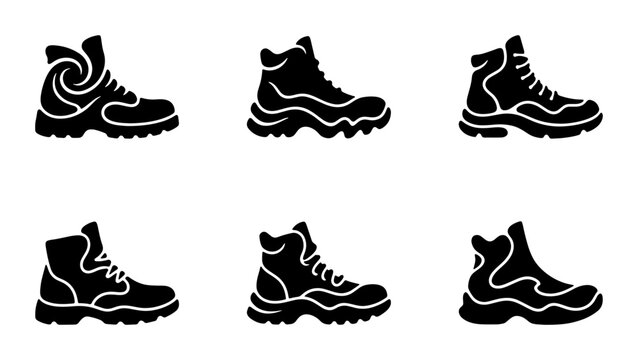 Collection of six black silhouette hiking boots and walking shoes with different styles and details, isolated on white background Vector
