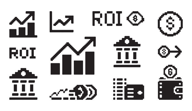 Pixel art icon set related to financial investments banking services and digital earnings.