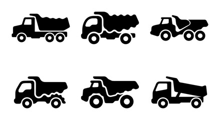 Collection of black dump truck icons with different angles and loaded beds, isolated on white Vector © MSTRANI