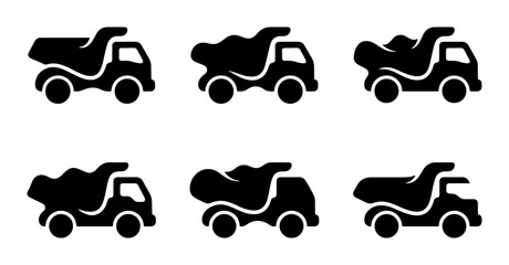 Collection of six black dump truck icons with different loads and angles on a white background, symbolizing construction and transport Vector © MSTRANI