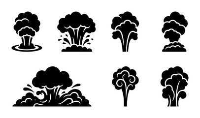 Collection of black explosion cloud icons and symbols, representing different types of blasts and smoke plumes Vector © MSTRANI
