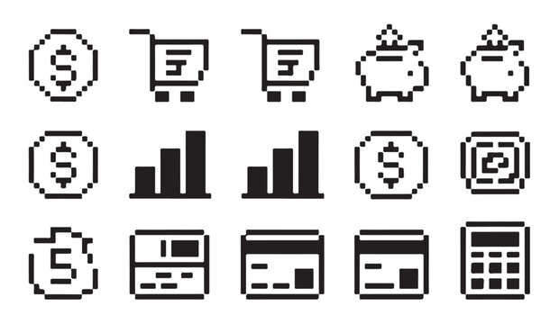 Finance pixel art icons, financial statistics and money operations in old 8 bit game style.