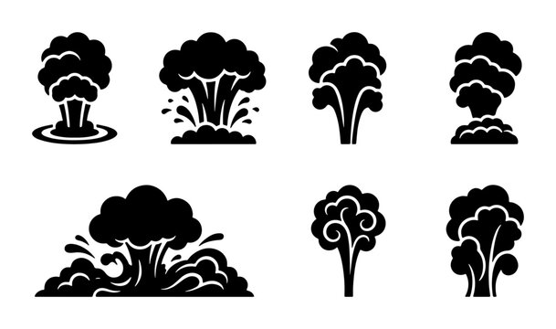 Collection of black explosion cloud icons and symbols, representing different types of blasts and smoke plumes Vector