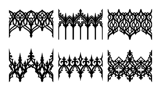 Collection of ornate black gothic architectural decorative borders and elements, vector art Vector