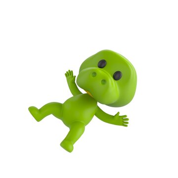 Cute 3D render Crocodile character slipping and falling, surprised and playful expression, dynamic mascot style, isolated on white background.