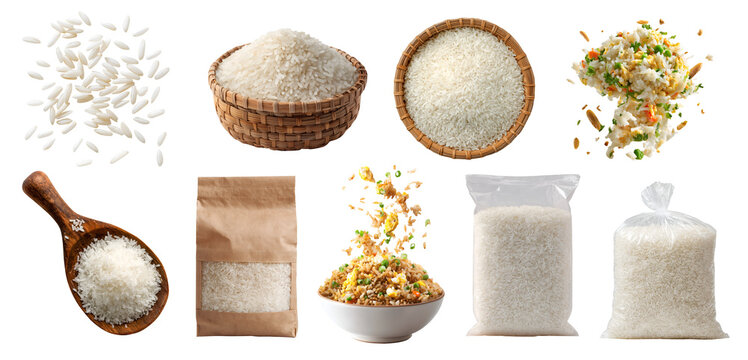 Set of White rice grain staple crop, wooden spoon, fried rice, resealable standup craft paper plastic pouch bag, rattan basket, fly pile stack cooked raw, transparent cutout PNG mockup for design