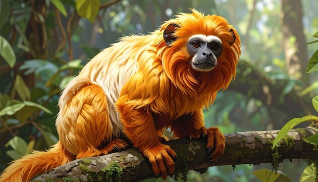 A vibrant orange monkey with a white face and long, flowing fur, perched on a branch in a lush, green rainforest environment