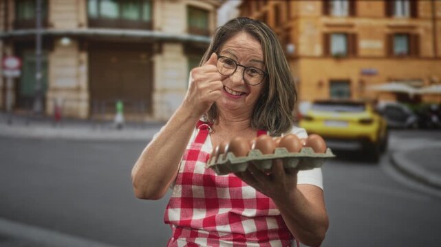 Hispanic woman with grey hair wearing red checkered apron holds an egg carton and gives thumbs up on street; homemade joy.