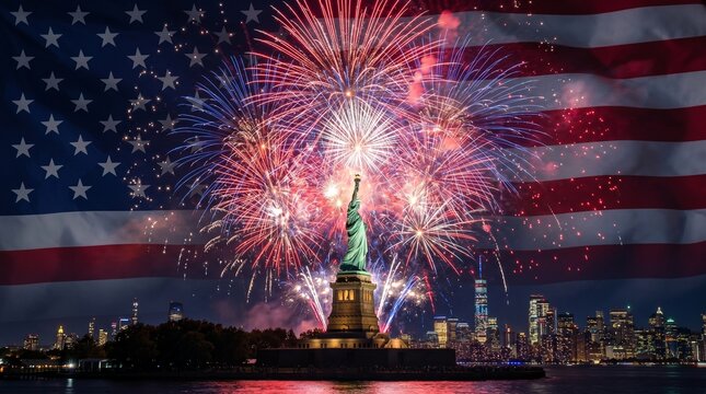 Statue of Liberty with fireworks over American flag background