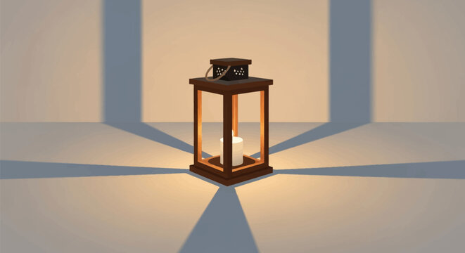 Minimalist dark wood lantern with an illuminated white candle inside, casting distinct radial shadows on a neutral floor against a background featuring two vertical wall pillars.