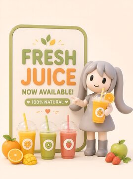 Cute pastel 3D character promoting fresh juice now available healthy drinks banner