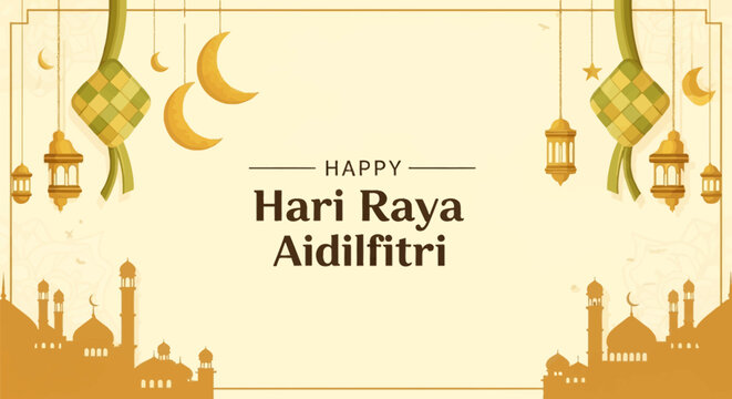 Horizontal Hari Raya Aidilfitri greeting banner featuring mosque silhouettes, hanging traditional ketupat, gold lanterns, and crescent moons on a decorative beige background template.