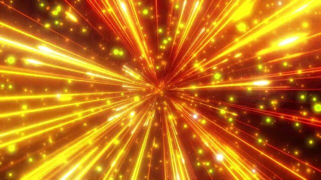 Abstract golden light rays and particles flying forward in a fast hyper speed tunnel background loop.