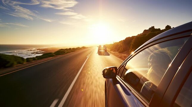 A realistic editorial photo of a coastal highway leading to the beach on a hot sunny day, with a family car traveling along the road, the beach road as the main visual focus, ocean on one side, warm g