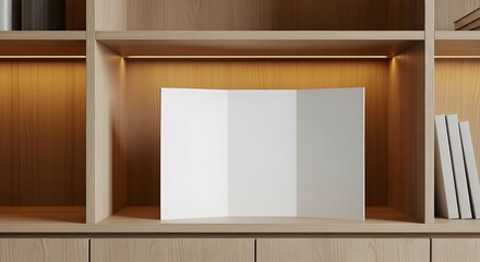 Fototapeta premium Luxury Blank Bifold Brochure Mockup Displayed on Modern Wooden Cabinet Shelf