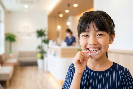 クリアアライナーを笑顔で持つ日本人の女の子、明るい矯正歯科クリニックのイメージ