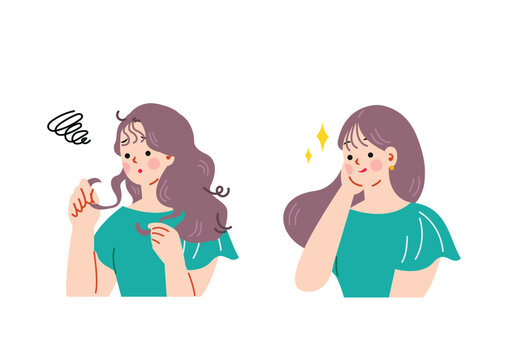 癖毛に悩む女性のイラストセット