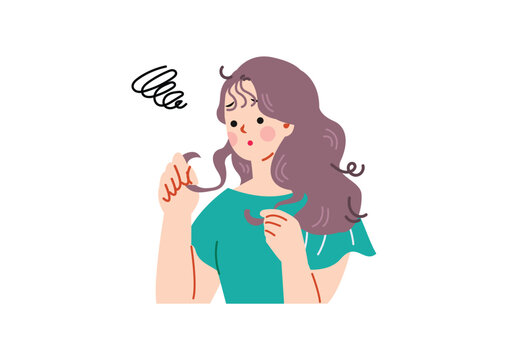 癖毛うねりに悩む女性のイラスト