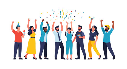 Diverse Group Celebrating Success with Confetti and Party Hats