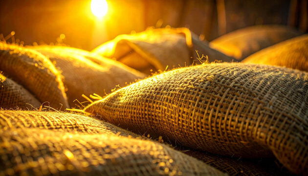 Burlap sacks textured in warm sunlight