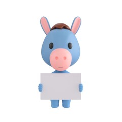 Fototapeta premium Cute 3D render Donkey character holding a blank white sign with both hands, friendly and neutral mascot style, isolated on white background.