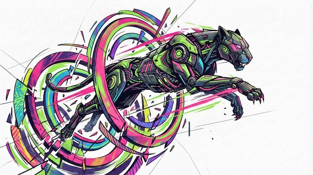Dynamic Cyber Panther Illustration with Neon Abstract Art