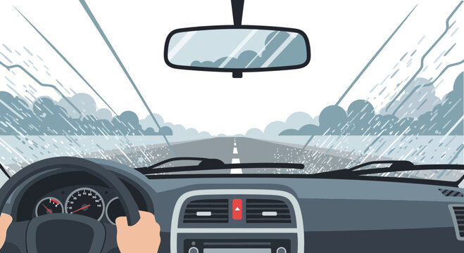 Driving in Rain: View from Car Interior with Wipers
