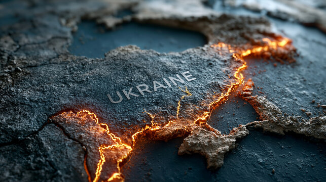 Ukraine's Crisis Map: A dramatic, cracked map of Ukraine illuminated by a fiery orange glow, symbolizing conflict and distress, hinting at a nation in turmoil.