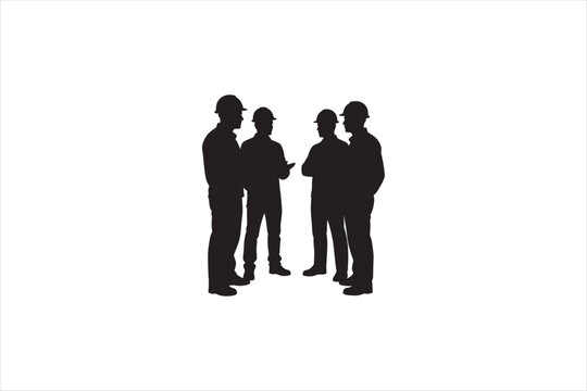 Construction workers silhouette vector illustration, engineering team discussion isolated on clean background for industry, teamwork, and building concepts. Vector illustration.