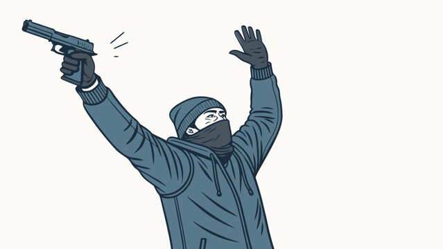 Man in balaclava and gloves holding gun with hands raised armed robbery criminal act dangerous situation armed conflict balaclava criminal surrender violence aggression confrontation