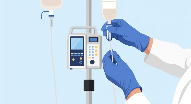 Flat vector illustration of a medical professional's hands in blue gloves adjusting an intravenous IV drip and electronic infusion pump with hanging saline solution bags in a hospital.