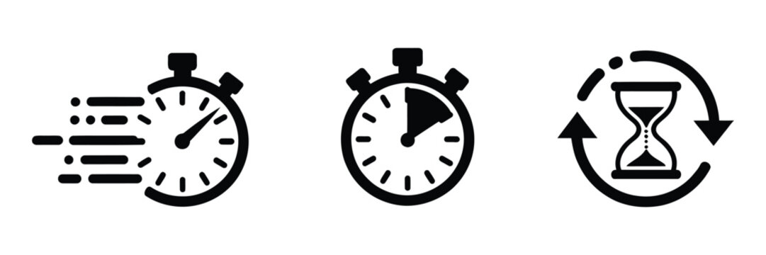 Timer icon set on transparent background featuring stopwatch symbols, countdown timer illustrations, clock measurement icons, and modern time management vector graphics.