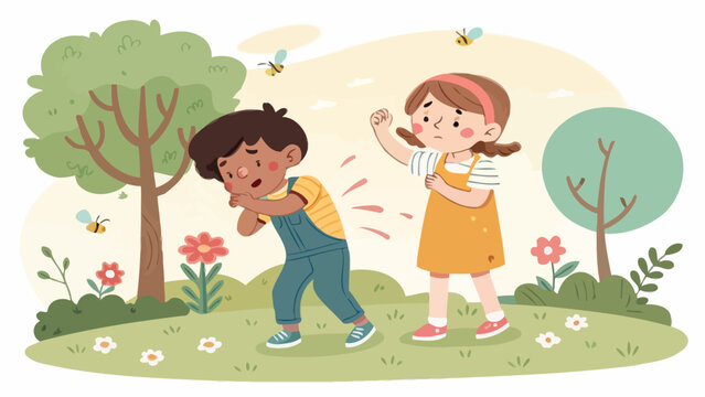 Girl swatting away mosquitoes from boy in park with flat design outdoor activity children outdoors mosquitoes stinging swatting annoyance childhood activity recreation illustration