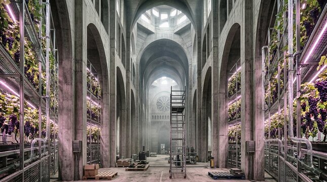 Indoor Vertical Farm in Grand Concrete Cathedral Interior