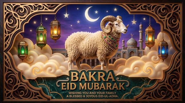 Bakra Eid Mubarak Greeting with Ram, Lanterns and Mosque under Crescent Moon