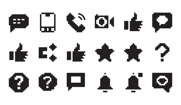 Set of pixel art user interface icons for mobile games apps and website graphic design.