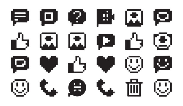 Collection of pixel art social media icons for retro gaming app interface design layout.