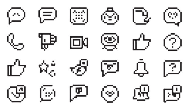 Pixel art outline icons collection for digital apps interface or retro style web design.