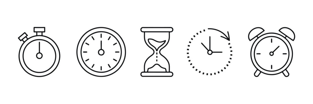 Timers and clock icon set featuring timeline symbols, stopwatch, wall clock, hourglass, alarm clock, and time management vector illustrations isolated on transparent background.